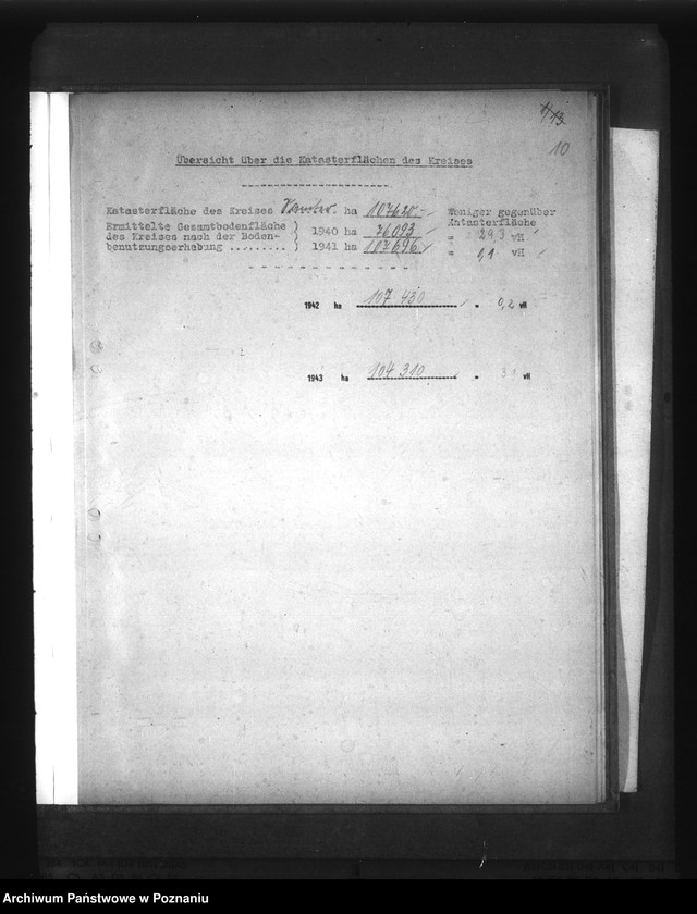 Obraz 14 z jednostki "Gegenüberstellung der ermittelten Wirtschaftsfläche zur Katasterfläche mit Regierungs- und Gauergebnis"