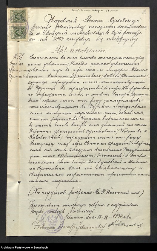 Obraz 20 z jednostki "Aneksa Aktów Ślubnych Rz-Katolickiej par. Wigierskiej za 1930 rok"
