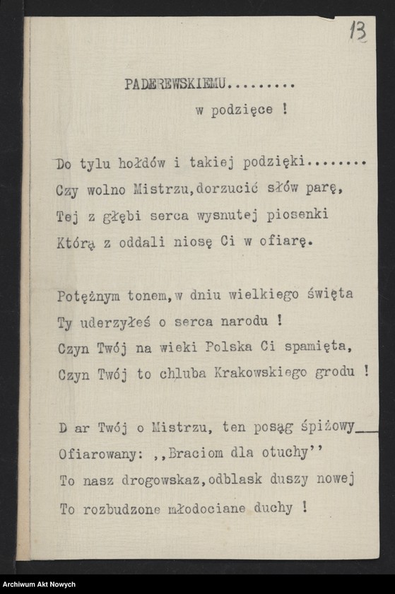 image.from.unit.number "Hołdy; listy, depesze, adresy od instytucji, organizacji, osób prywatnych; H. Windakiewicz: "Stosunek dzieł Paderewskiego do muzyki ludowej" Studium analityczne. Echo muzyczne. Warszawa 1902-1903 (maszynopis)"
