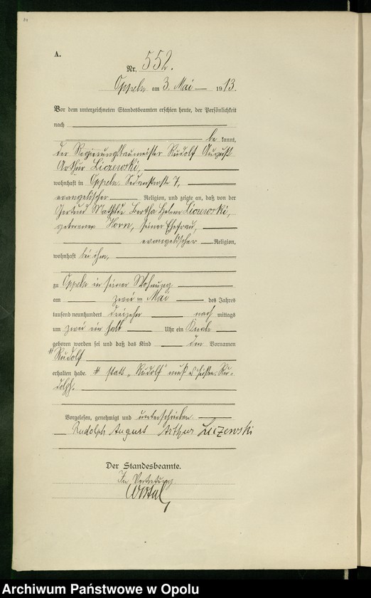 Obraz 18 z jednostki "Urząd Stanu Cywilnego Opole Księga Urodzeń Rok 1913 540-1057"