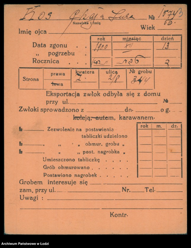 Obraz 4 z jednostki "Kartoteka osób pochowanych na cmentarzu żydowskim przy ulicy Brackiej w latach 1892-1959. Nazwiska na litery: Kos-Kra"