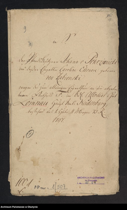 image.from.unit.number "In S. [Sache] der Pfandsbesitzern Johann v. [von] Pokrzywnicki und deßen Ehegathin Caroline Eleonore geboren von Zabienski wegen des zum alleinigen Eigenthum an sie abgetretenen Antheils F im adl. [adeliche] Allodial Gut Lomnau [Łomno] Haupt Amts Neidenburg [Nidzica] bestehend aus 1 Hube 11 Morgen 15 R. [Rute]"