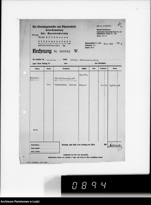 Obraz 8 z jednostki "Auftrag 592 Warenverwertung von den Judenältesten für Eugen Althausen Litzmannstadt"