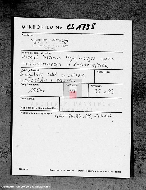 image.from.unit.number "Kniga dlja zapisi aktov graždanskogo sostojanija o rodzivšichsja, umeršich i brakosoetavšichsja po Lozdzejskomu evrejskomu božničnomu okrugu za 1904 g."