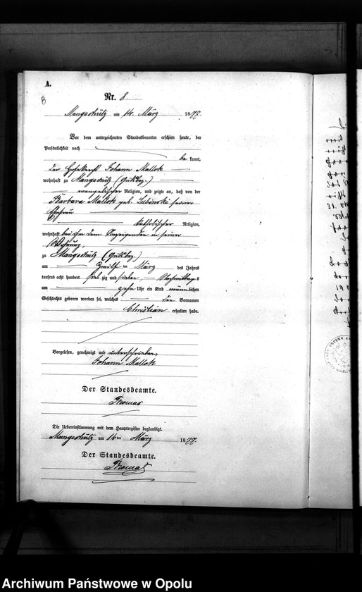 image.from.unit.number "Geburts-Neben-Register des Standesamts Mangschütz Kr.[eis] Brieg pro 1877"