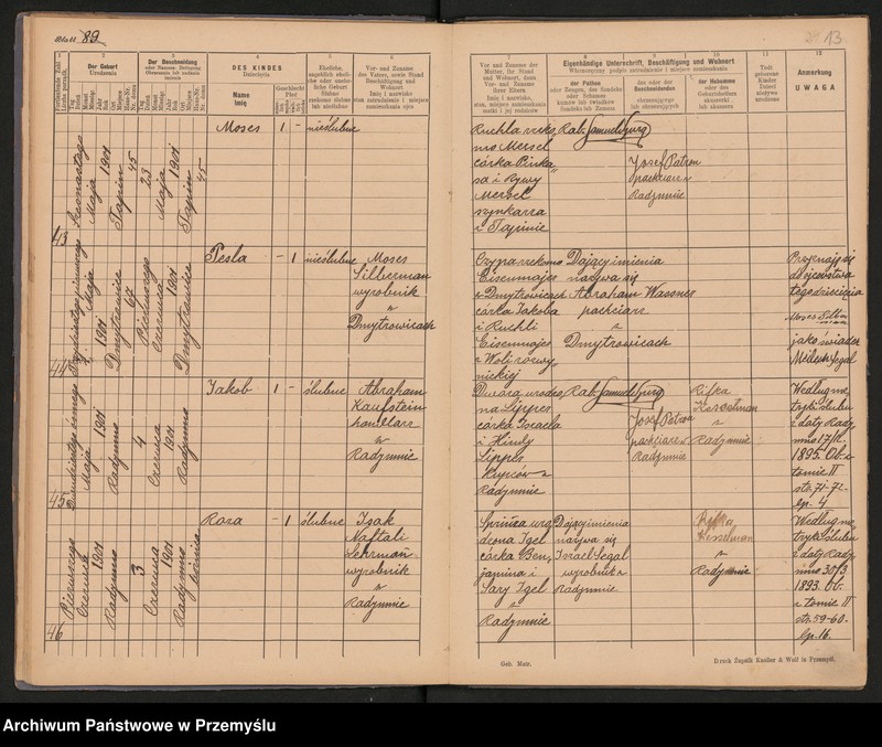 Obraz 16 z jednostki "Duplikat metryki urodzin za 1901 rok Urzędu metrykalnego izraelickiego w Radymnie. Tom VIII"