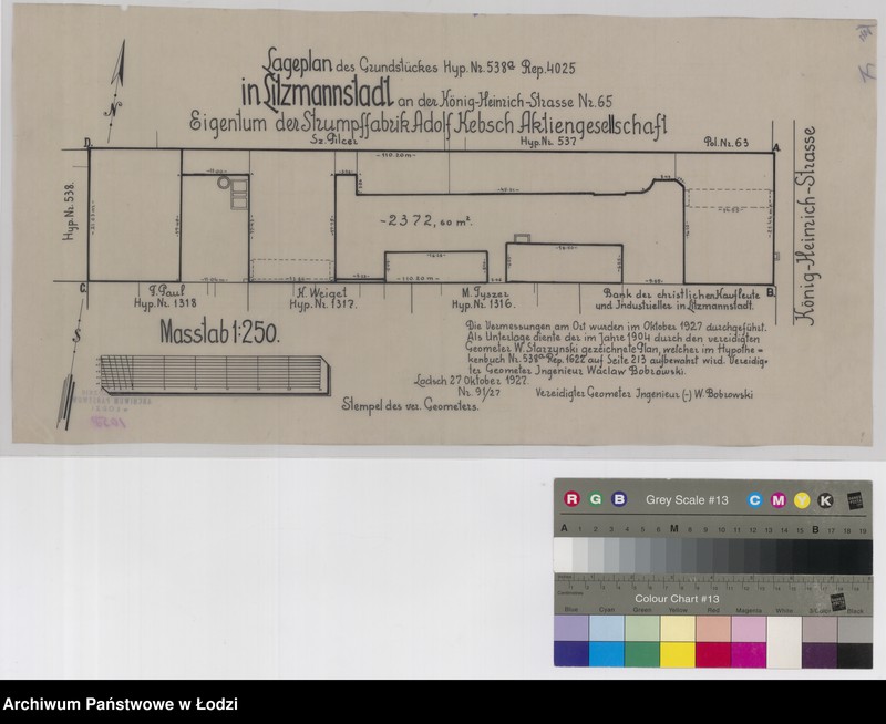Obraz 1 z jednostki "Lageplan des Grundstückes Hyp. Nr 538a Rep. 4025 in Litzmannstadt an der König-Heinrich-Straße Nr 65. Eigentum der Stumpffabrik Adolf Kebsch Aktiengesellschaft"
