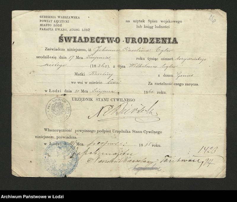 Obraz 18 z jednostki "Dowody metrykalne stałych mieszkańców m. Łodzi nr domu 1423-1424"