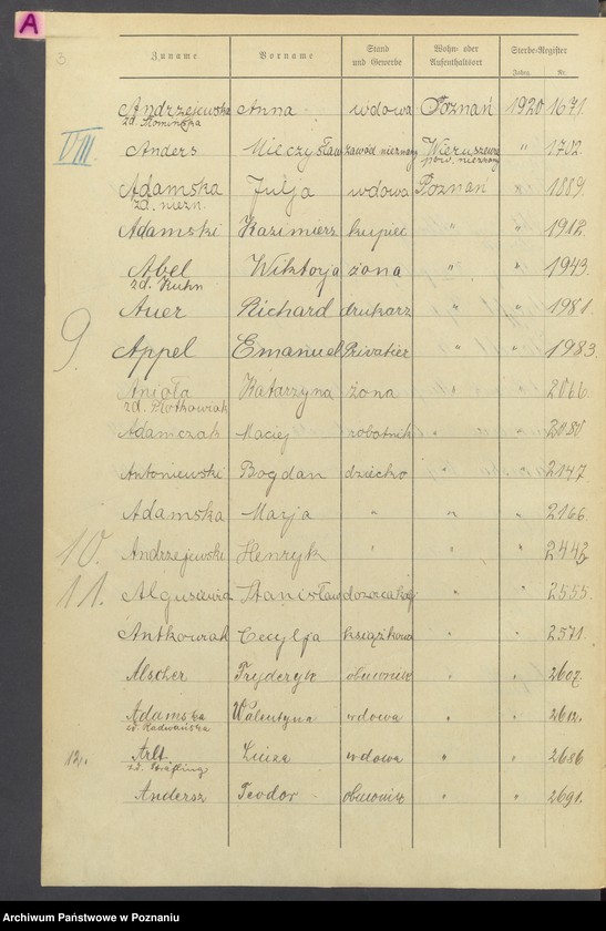 Obraz 5 z jednostki "Spis alfabetyczny zgonów za 1920"