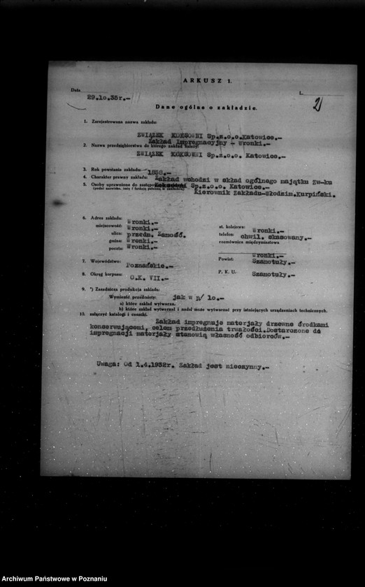 Obraz 5 z jednostki "Kwestionariusz Zakładu impregnacyjnego związku koksowni Spółka z o. o. w Katowicach Wronki powiat szamotulski"