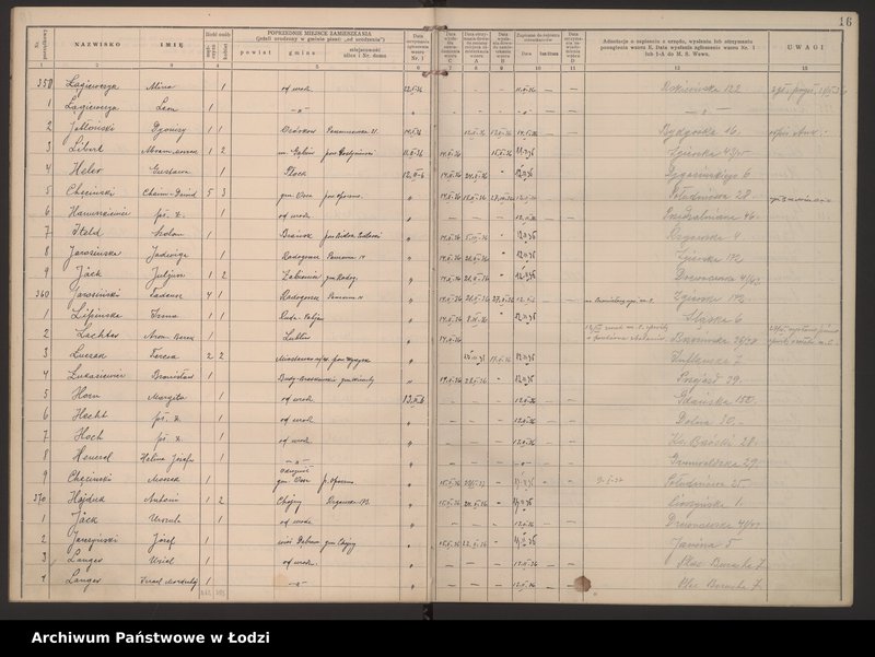 Obraz 19 z jednostki "Księga kontroli ruchu ludności (rejestr osób przybywających do gminy) Łódź, zespół III lit. H, I, J, L, Ł"