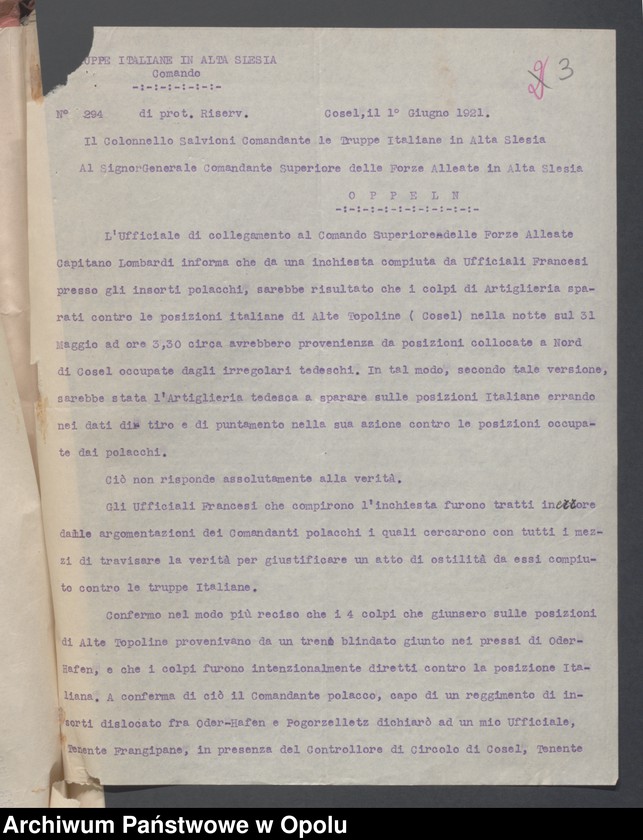 Obraz 5 z jednostki "Entrees-Pieces emanant des autorites Subordonnees-Evenements /Korespondencja od jednostek podległych w sprawie zdarzenia z miesiąca VI.1921/ 1-25.06.1921"