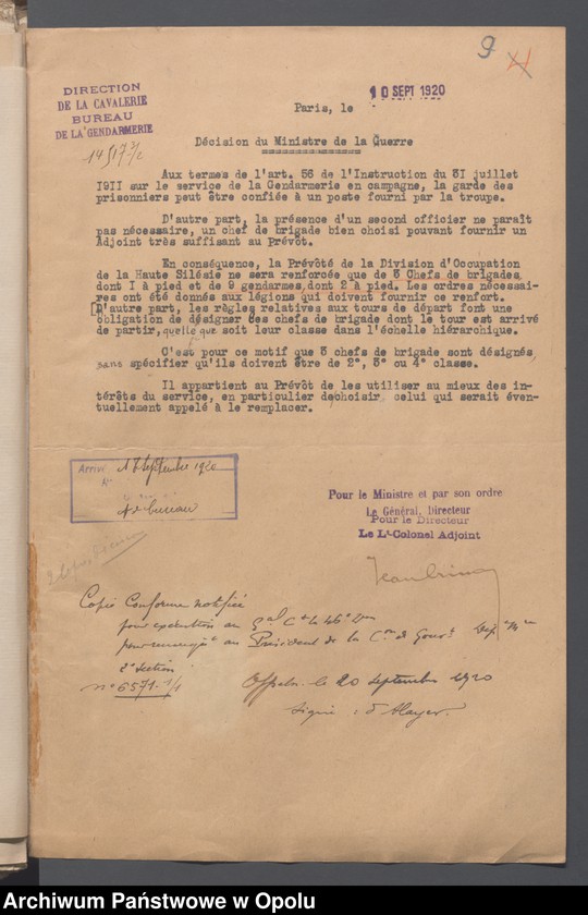 Obraz 11 z jednostki "Recrutement-Effectifs-Renforts-Situations /Korespondencja dotycząca uzupełnień, demobilizacja, wzmocnienie stanów liczebnych oddziałów/ 3.09.1920"