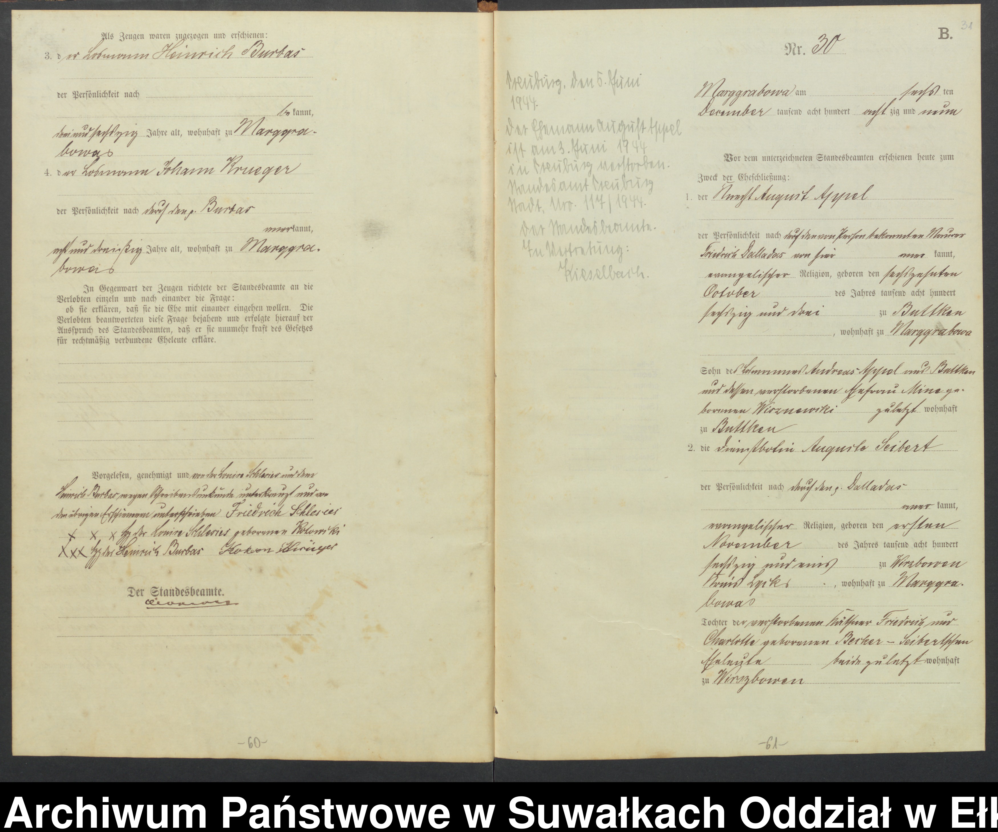 Skan z jednostki: Heiraths-Haupt-Register des Königlichen Preussischen Standes-Amtes Stadtgemeinde Marggrabowa Kreis Oletzko