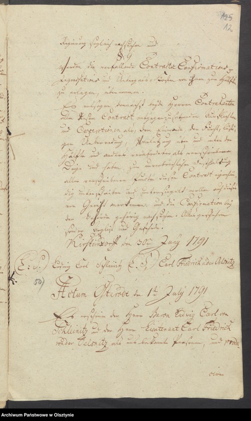 image.from.unit.number "In S. [Sachen] des v. [von] Schleinitz den Verkauf seines adelichen Guths Kirsteinsdorf [ Kiersztanowo] H. [Haupt] Amts Osterode [Ostróda] an den Lieutenant v. [von] Oelsnitz auf Plowenzin in Westpreussen"