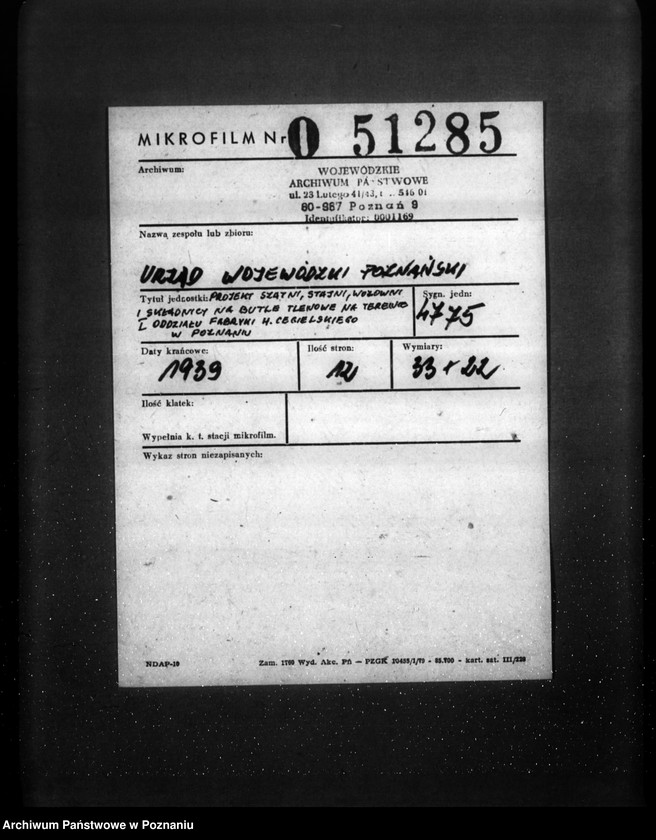 Obraz 2 z jednostki "/Projekt szatni, stajni, wozowni, i składnicy na butle tlenowe na terenie I Oddziału Fabryki H. Cegielskiego w Poznaniu/"