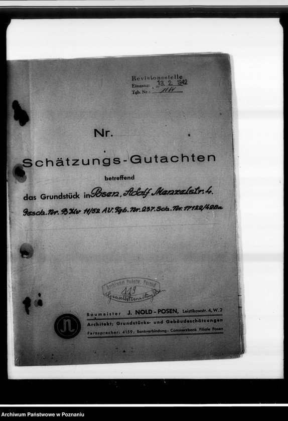 Obraz 5 z jednostki "Schätzungs-Gutachten betreffend das Grundstück in Posen, Adolf Memelstrasse 4."