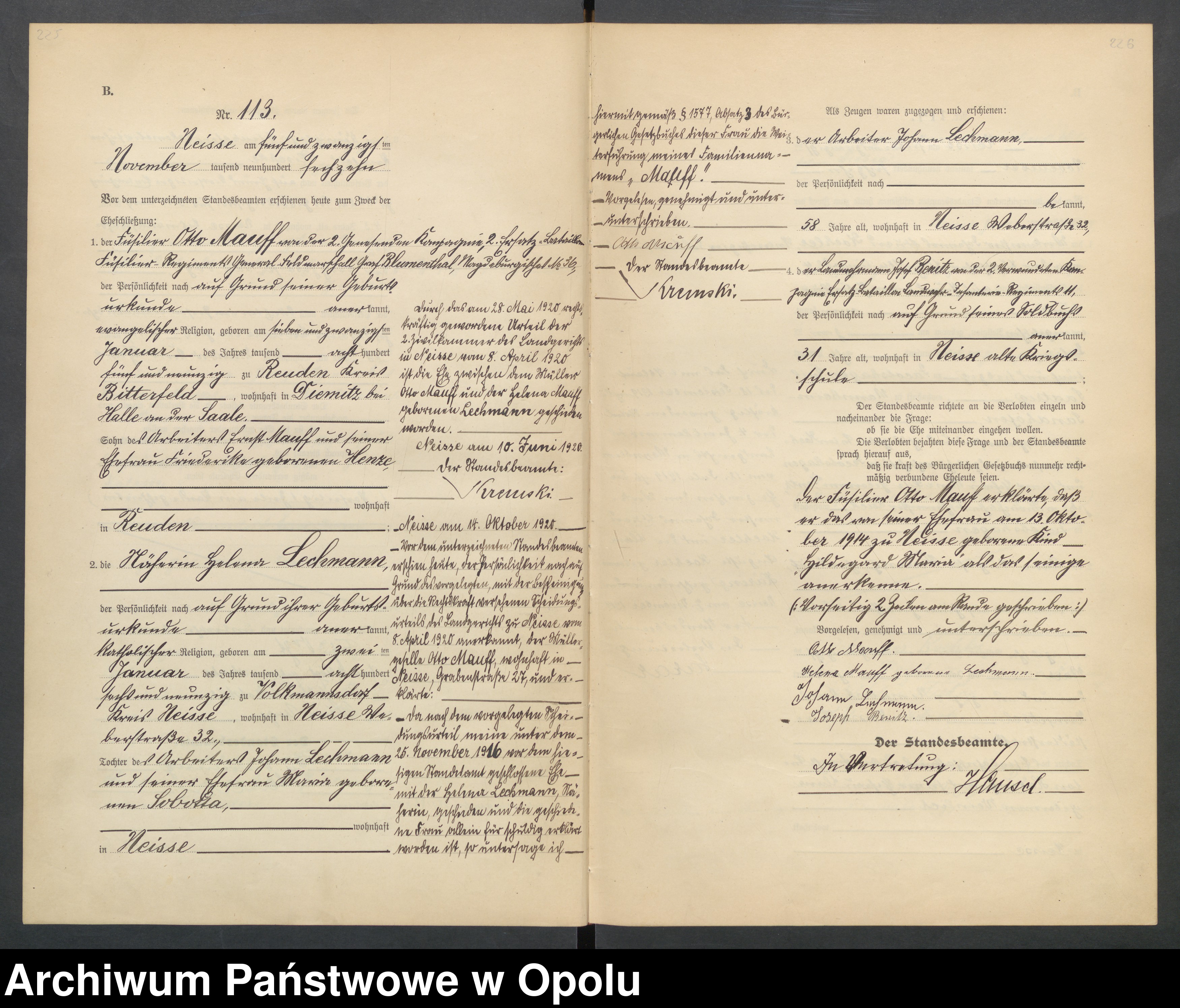 Skan z jednostki: Heirats-Register (Haupt-Register) Standesamt Neisse 1916 vol.I No.1 bis 123.