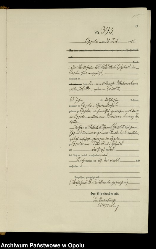 Obraz 18 z jednostki "Urząd Stanu Cywilnego w Opolu 1902 Rejestr zgonów Księga Miejscowa Nr 378 do 633"