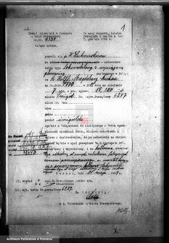 Obraz 5 z jednostki "Tartak w Śmiglu pow. kościański, własność W. Łukomskiego nadzór nad kotłem parowym"