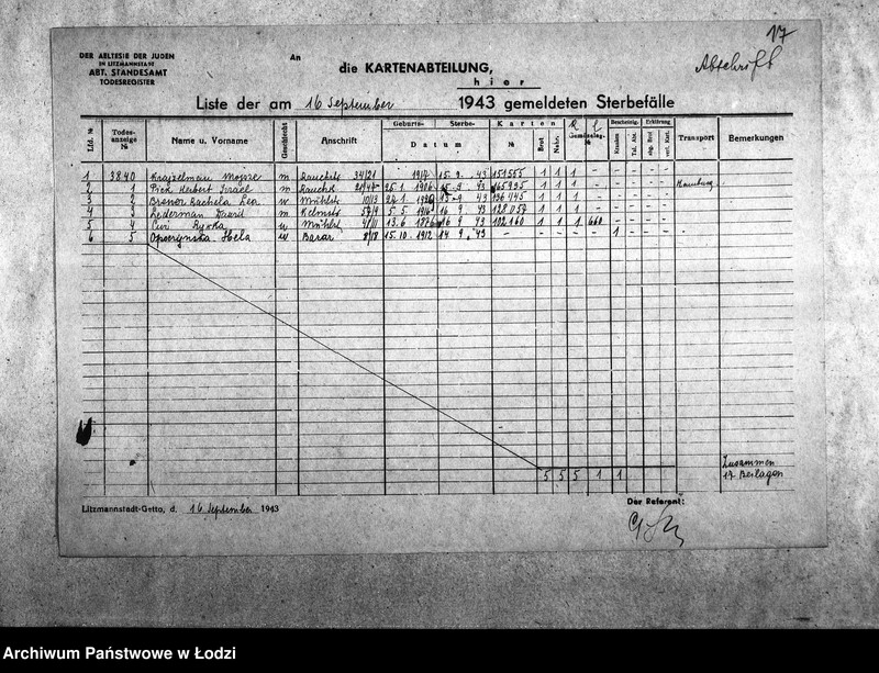 Obraz 20 z jednostki "[Odpisy dziennych list zgonów wysłanych do Wydziału Kart]"