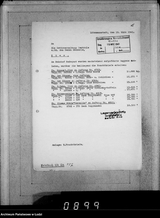 Obraz 19 z jednostki "Ablage [Korespondencja dostawców do Getta dot.wagonowych przesyłek produktów żywnościowych, opału do stacji Radogoszcz]"