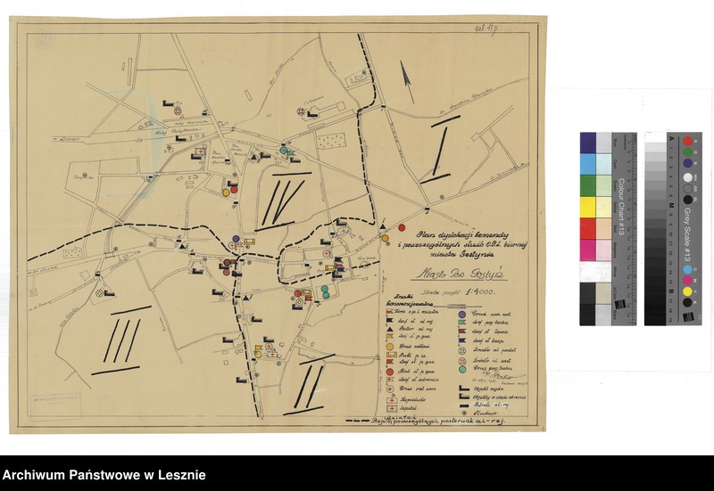 Obraz 1 z jednostki "Plan dyslokacji komendy i poszczególnych służb OPL biernej miasta Gostynia [zaznaczono rejon działań poszczególnych posterunków]"