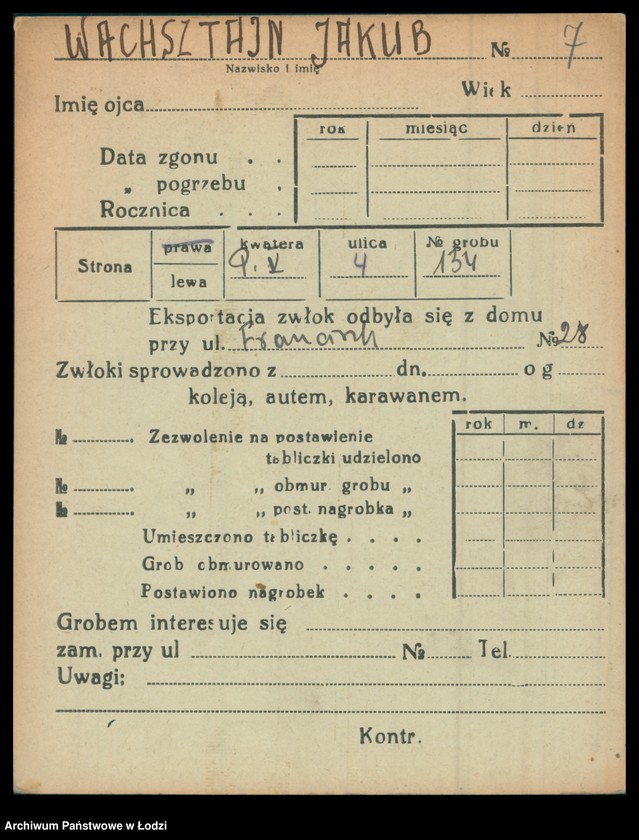 Obraz 8 z jednostki "Kartoteka osób pochowanych na cmentarzu żydowskim przy ulicy Brackiej w latach 1892-1953. Nazwiska na litery: Wac-Wajng"