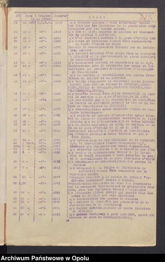 Obraz 5 z jednostki "Commandement Superieur des Forces Alliees en Haute-Silesie-Entrees /Korespondencja wpływająca pochodząca od władz wyższych i jednostek podległych/ 29.06.1920 - 30.10.1920"