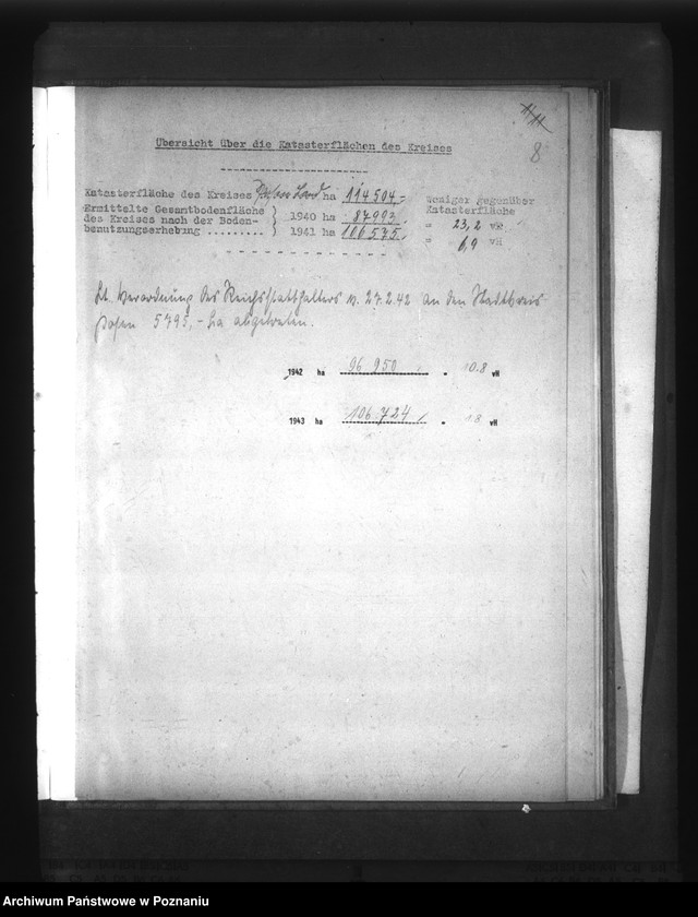 Obraz 12 z jednostki "Gegenüberstellung der ermittelten Wirtschaftsfläche zur Katasterfläche mit Regierungs- und Gauergebnis"