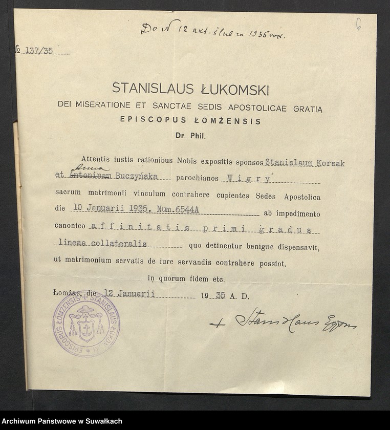 image.from.unit.number "Aneksa Aktów Ślubnych Rz-Katolickiej par. Wigierskiej za 1935 rok"