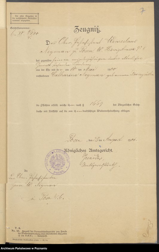 Obraz 9 z jednostki "Die von den Verlobten beigebrachten Urkunden zur Eheschliessung pro 1901. Vol XVI"