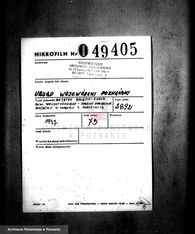 image.from.unit.number "Majątku Bolęcin-Karna powiatu wolsztyńskiego sprawy pomiarowe majątku w związku z parcelacją"