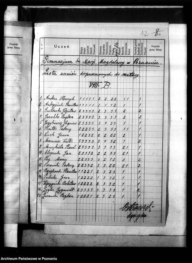 Obraz 16 z jednostki "Państwowe Gimnazjum imienia Marii Magdaleny w Poznaniu [lista uczniów dopuszczonych do matury]"