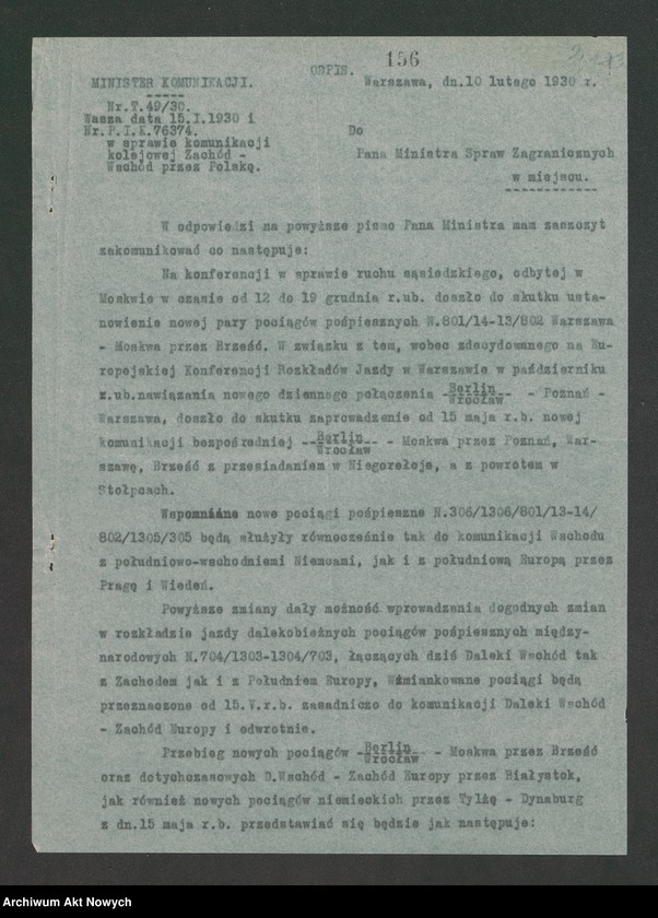 image.from.unit "Komunikacja. Konferencja w Moskwie w sprawie komunikacji kolejowej za- chód-wschód przez Polskę (pismo Ministerstwa Komunikacji)"