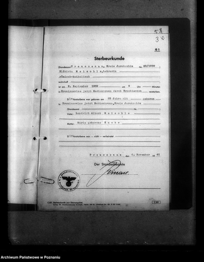 Obraz 7 z jednostki "Kreis Jarotschin (Jarocin). Wykazy miejscowych Niemców, którzy zginęli w 1939 roku."