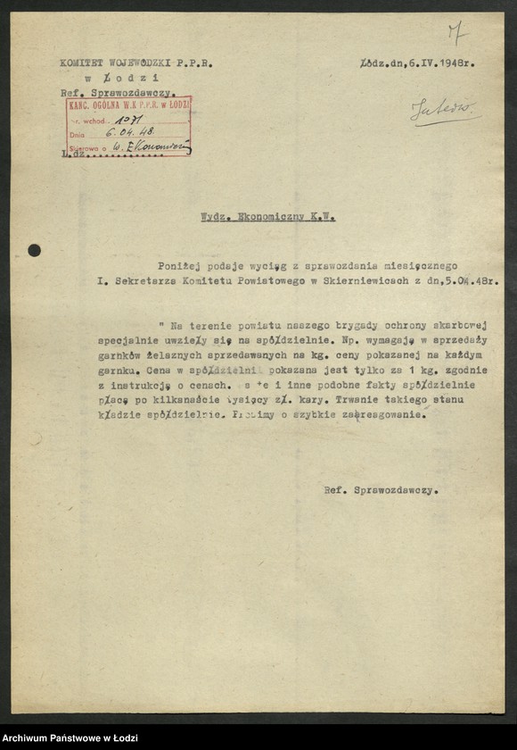 Obraz 8 z jednostki "[Wyciągi] Referatu Sprawozdawczego [dla wydziałów i Komisji Kontroli Partyjnej z protokołów zebrań i sprawozdań instruktorów]"
