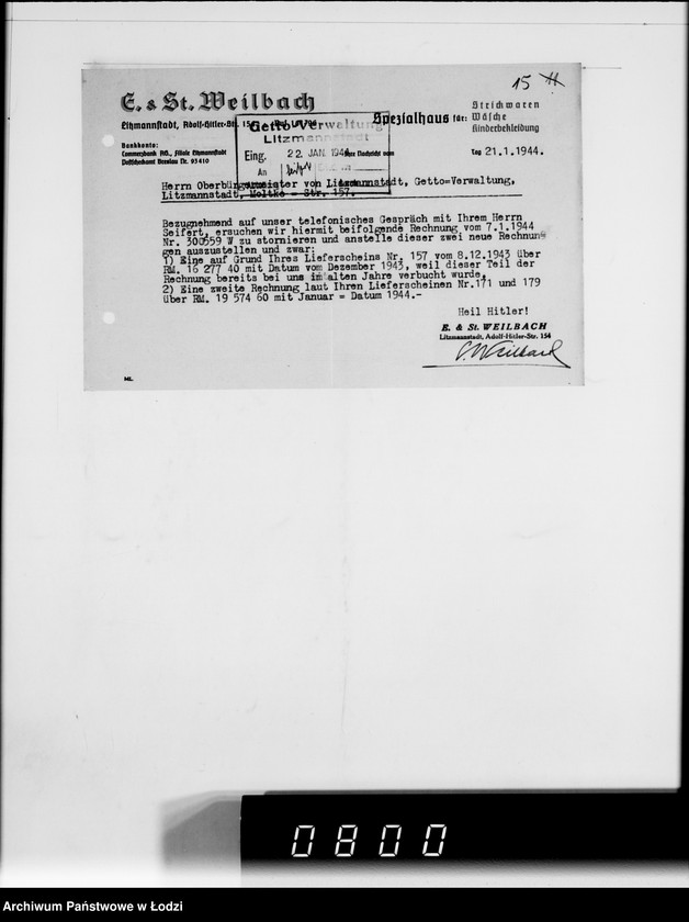Obraz 19 z jednostki "F-ma St.Weilbach Litzmannstadt V Warenverwertung an den Juden Ältesten. Kinder-Kleider, Teppiche, Brücken"
