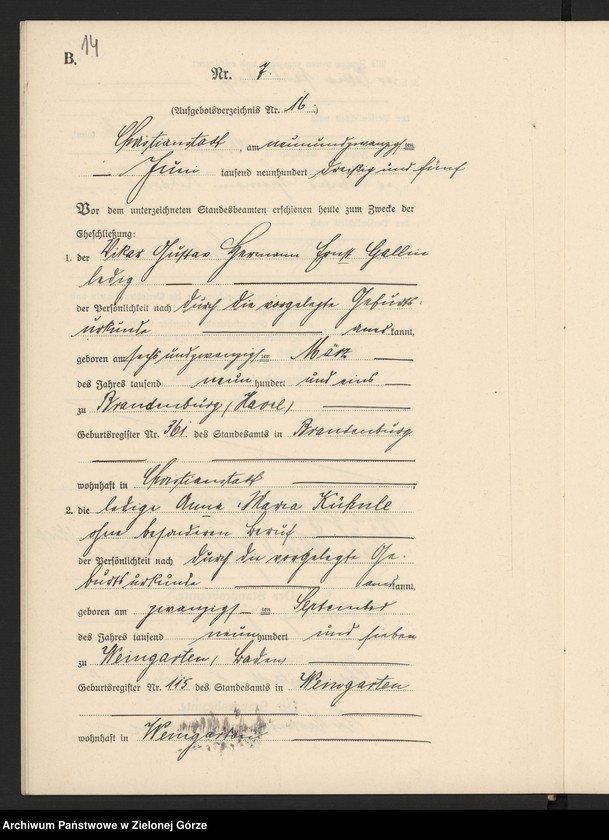 image.from.unit.number "Heirats-Neben-Register Standesamt Christianstadt 1935 No. 1 bis 18"