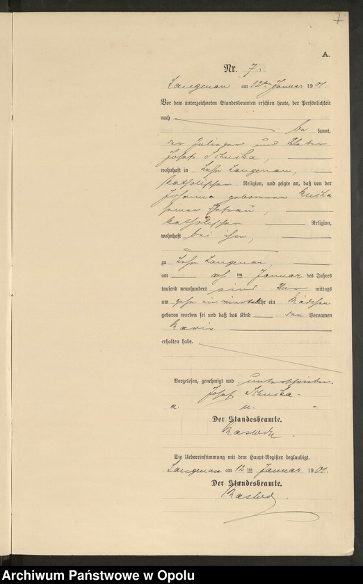 image.from.unit.number "Geburts-Neben-Register Standesamts Langenau pro 1901"