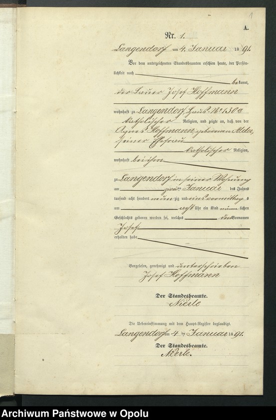 Obraz 5 z jednostki "Geburts-Neben-Register des Standesamts Langendorf pro 1891"