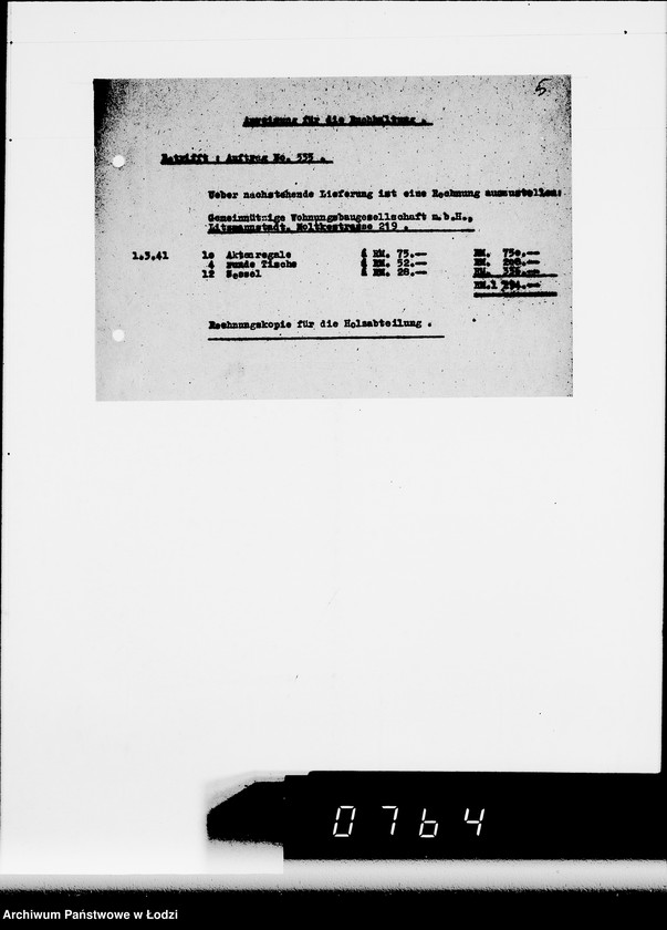 Obraz 9 z jednostki "Ausgelieferte und bezahlte Kommisionen Konto 1-6. [Wnioski na meble biurowe w zakładzie Getta w Łodzi]"