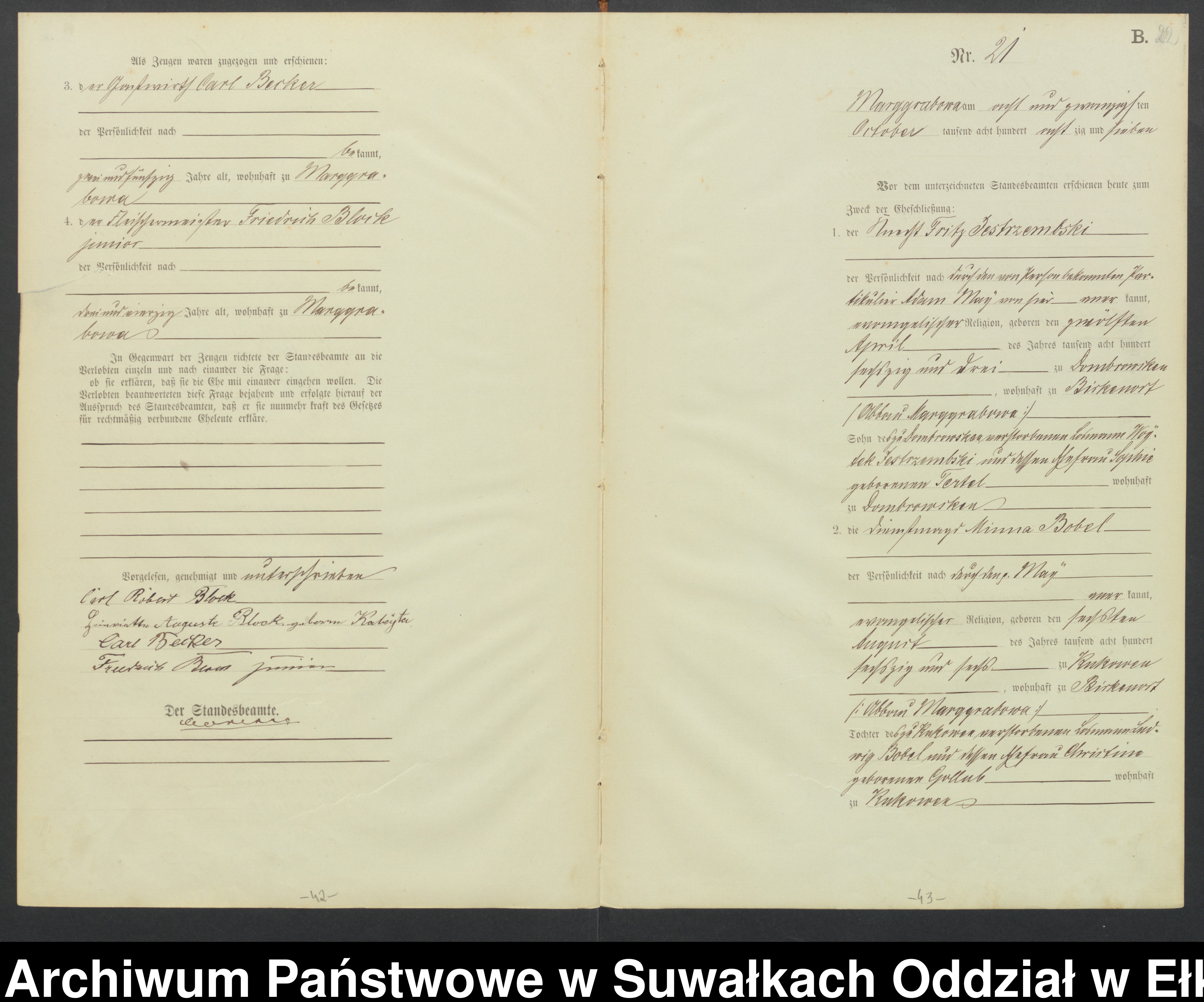 Skan z jednostki: Heiraths-Haupt-Register des Königlichen Preussischen Standes-Amtes Stadtgemeinde Marggrabowa Kreis Oletzko