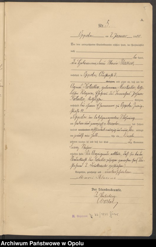 Obraz 9 z jednostki "Urząd Stanu Cywilnego w Opolu 1900 Rejestr Urodzeń Księga Miejscowa Nr 1 do 674"