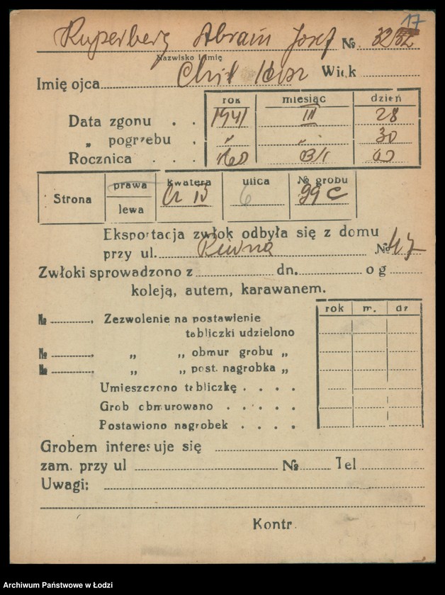 Obraz 18 z jednostki "Kartoteka osób pochowanych na cmentarzu żydowskim przy ulicy Brackiej w latach 1892-1956. Nazwiska na litery: Kup-Kz"