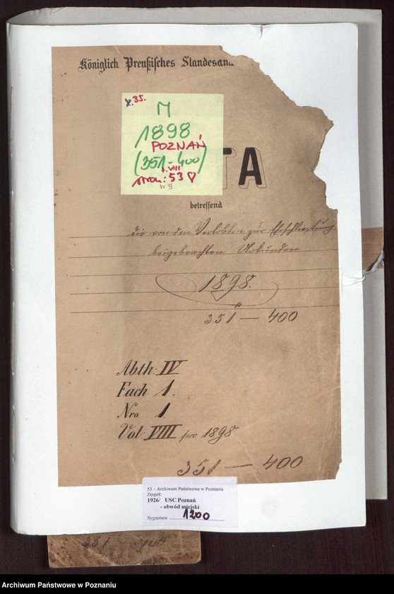 Obraz 2 z jednostki "Die von den Verlobten beigebrachten Urkunden zur Eheschliessung pro 1898"