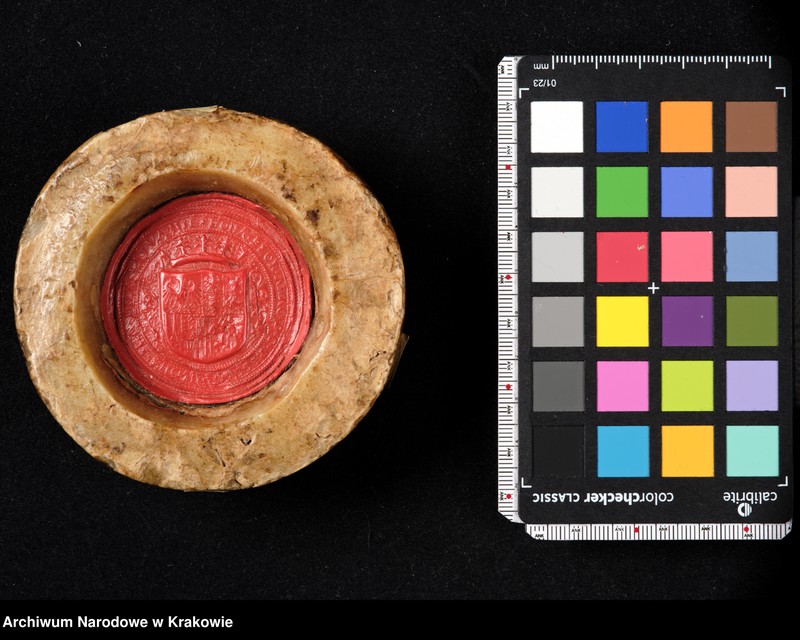 image.from.unit.number "Bona Sforza. Królowa Polski, Wielka Księżna Litewska. W polu pieczęci ukoronowana tarcza czteropolowa z herbami: polskim (prawe górne pole), Wąż Sforzów i Orzeł (lewe górne), herb mediolański i aragoński (prawe dolne), Pogoń (lewe dolne) tarczę otaczającą elementy roślinne. Otok ujęty w sznury perełek z napisem kapitalnym, renesansowym: BONA SFOR[TIA] ARAG[ONIA] D[EI] G[RATIA] REGINA POLONIE MAG[NA] DVX LITVANIE"