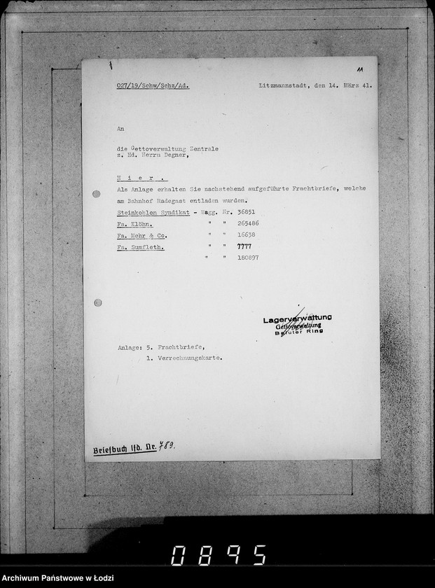 Obraz 15 z jednostki "Ablage [Korespondencja dostawców do Getta dot.wagonowych przesyłek produktów żywnościowych, opału do stacji Radogoszcz]"