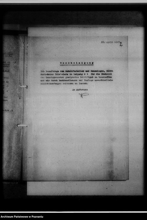 image.from.unit.number "Karl Heinz Frie`Gade - Leipzig [Lipsk]. [Korespondencja w sprawie nielegalnego uprawiania badań genealogicznych i prowadzenia poszukiwań antykwarycznych przez Frie`Gade, kilkakrotnie już karanego więzieniem]"