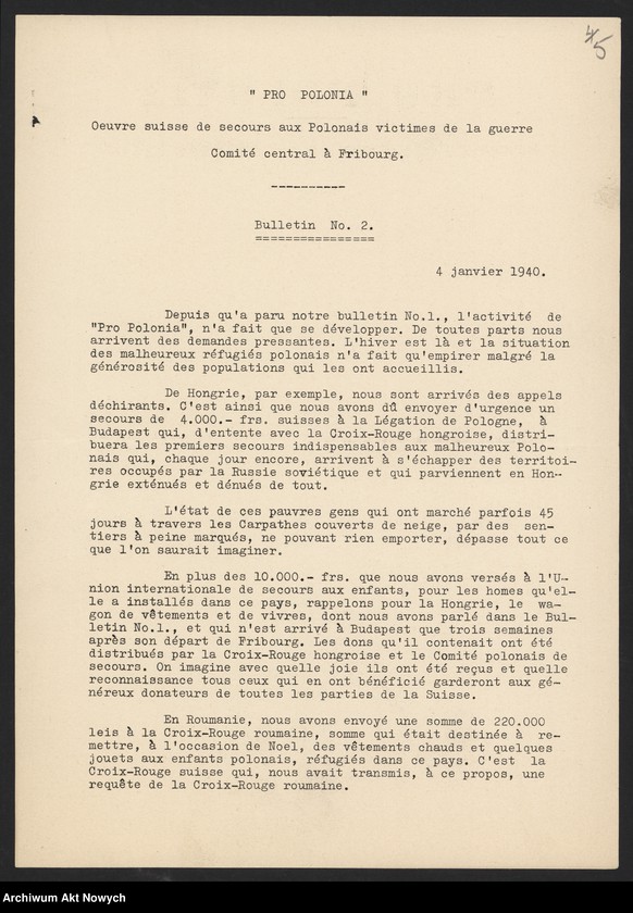 image.from.unit.number "Pro Polonia. Oeuvre suisse de secours aux Polonia victimes de la guerra; Załączniki: 1) Biuletyny Nr Nr 1,2,3; 2) Apel; 3) Raport dotyczący dzieci uciekinierów polskich; 4) kopia listu J. Dębickiego do "Pro Polonia"; L.3"